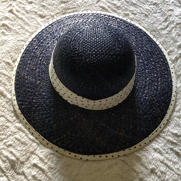 Navy Blue & white/cream polka dot Straw hat - Picture 2 of 5